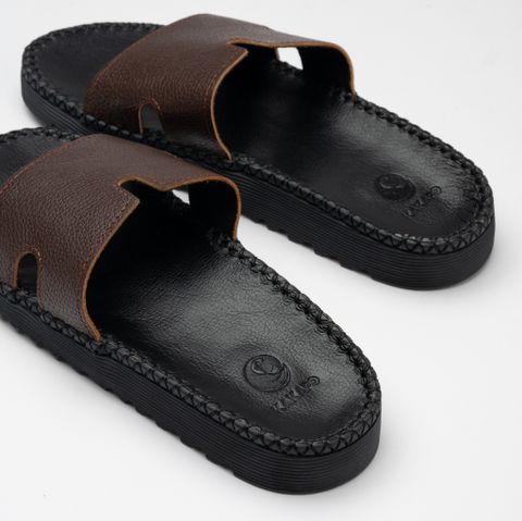 Dép nam quai ngang da bò thật KAKAPO DB001 Quai Nâu - Hộp đựng cao cấp kèm Bảo hành 12 tháng