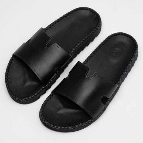 Dép nam quai ngang da bò thật KAKAPO DB007 Quai V ĐEN -Chống trơn trượt, Hộp đựng cao cấp, Bảo hành 12 tháng
