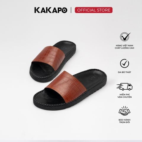Dép nam quai ngang da bò thật KAKAPO DB002 Quai Nâu Vằn - Hộp đựng cao cấp, Bảo hành 12 tháng