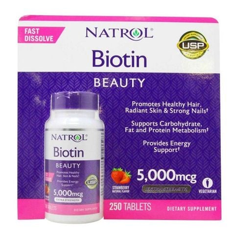 THỰC PHẨM BỔ SUNG TỐT CHO TÓC DA VÀ MÓNG NATROL BIOTIN 5000MCG MÙI DÂU 250 VIÊN