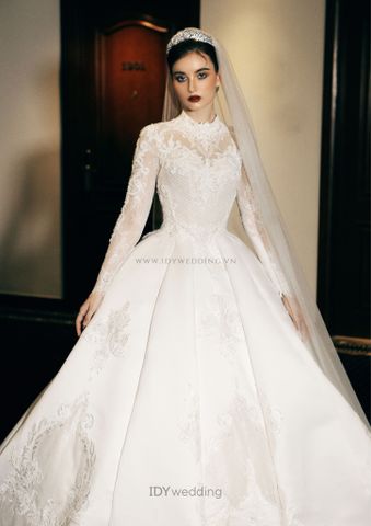 BOUVIER - VLITX - 518 LIMITED BALLGOWN OFFWHITE ROYAL HIGH NECK CATHEDRAL TRAIN, LONG SLEEVE WEDDING DRESS