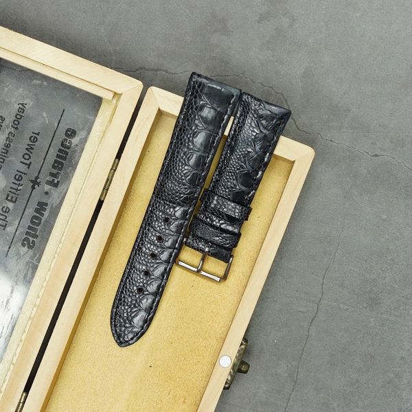 Dây đồng hồ da cá sấu phần bụng size 22 - Đen