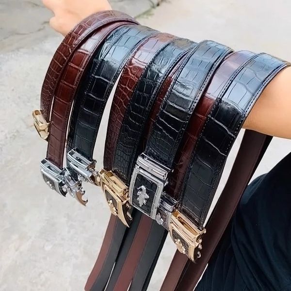 Dây lưng da cá sấu da bụng liền hàng không nối dây nâu mặt ánh vàng&nbsp;| Hàng cao cấp
