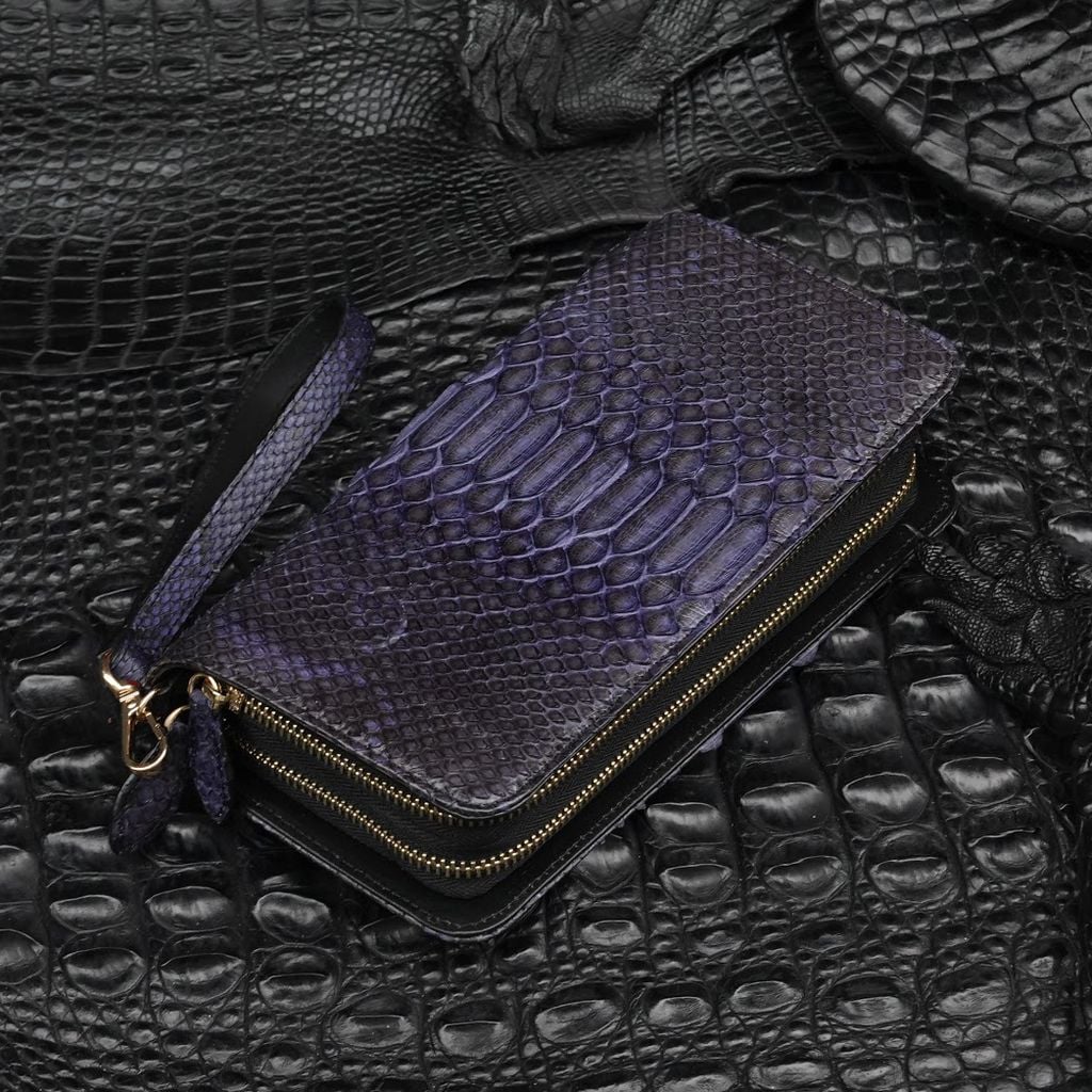 Clutch hai khóa cỡ trung da Trăn - Navy - 2113