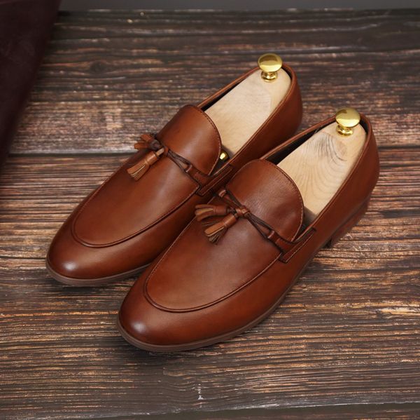 Giày lười da bò họa tiết đơn giản - Nâu 555-7