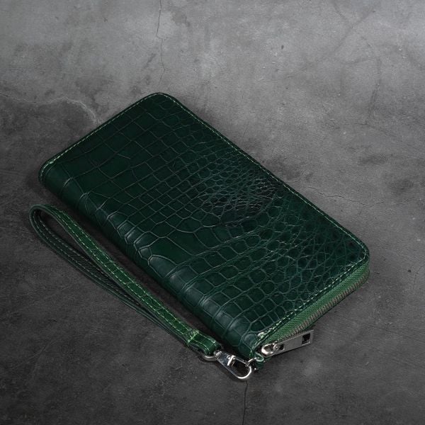Ví cầm tay Clutch một khóa kéo da bụng Cá Sấu cỡ lớn - Xanh lá 2315