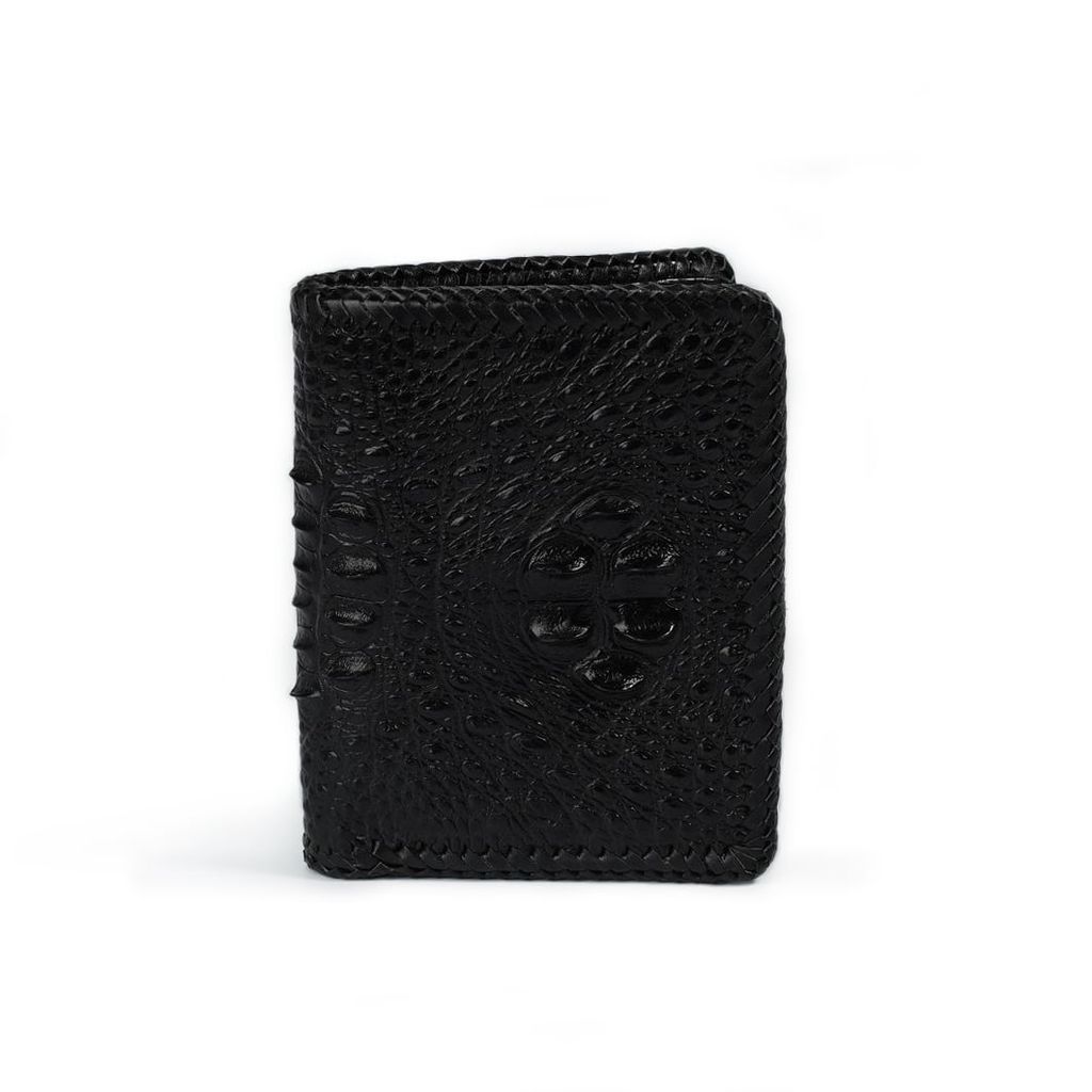 Ví da gù lưng Cá Sấu hai mặt đan viền dáng đứng - Đen