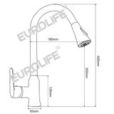  Vòi rửa chén nóng lạnh dây kéo Đồng mạ Chrome Eurolife EL-KM05 (Trắng bạc) 