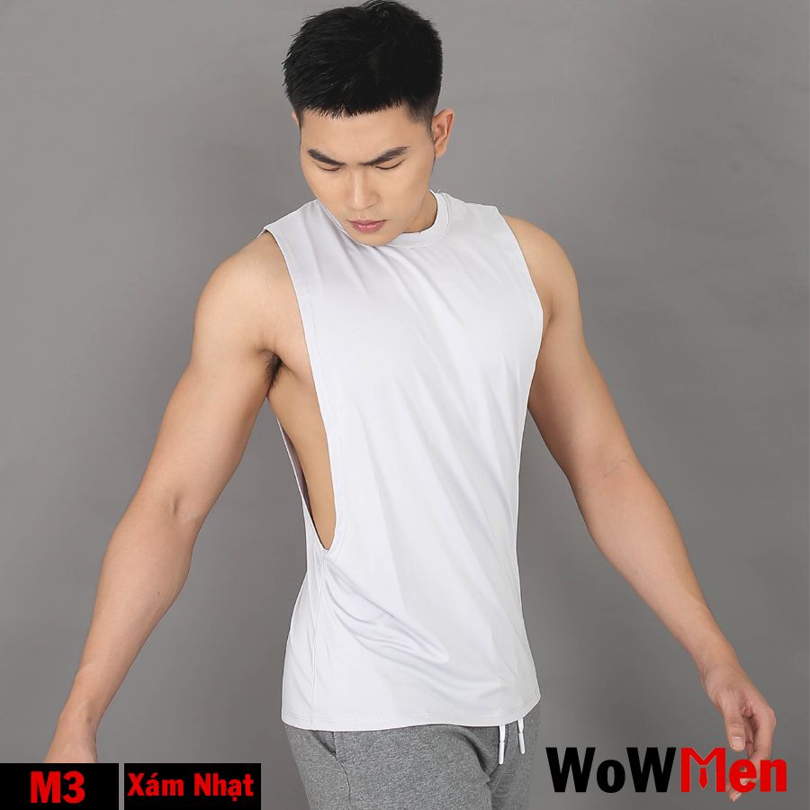 Ao Thun Ba Lỗ Nam Rộng Nach Xam Nhạt Tập Gym Thể Thao Yoga Wowmen