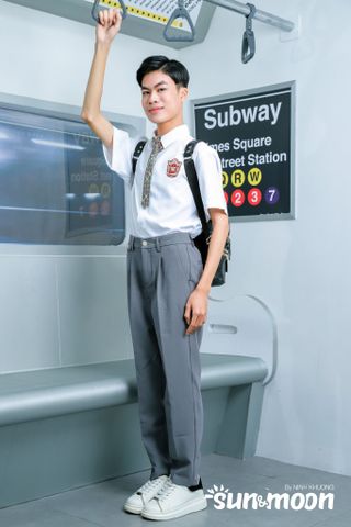  Set14 Áo sơ mi bé trai + Quần tây dài + Nơ cổ (Xám) 