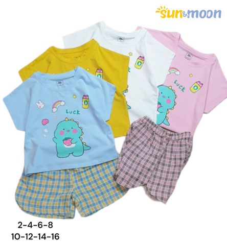  Bộ bé gái Sun & Moon áo thun khủng long luck + quần caro 