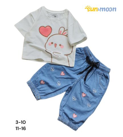  Bộ bé gái áo thun in thỏ tim quần jean dài ống túm Sun & Moon 