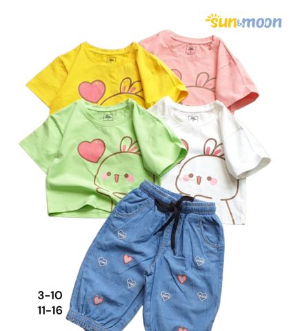 Bộ bé gái áo thun in thỏ tim quần jean dài ống túm Sun & Moon 