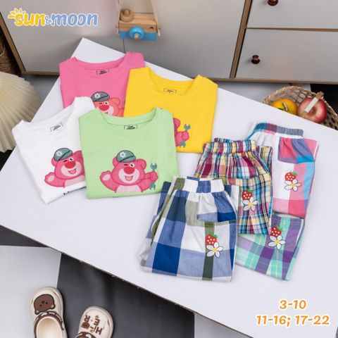  Bộ bé gái áo thun Gấu dâu quần lửng caro 