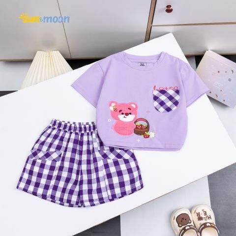 Bộ bé gái áo thun giỏ gấu dâu + Quần caro 