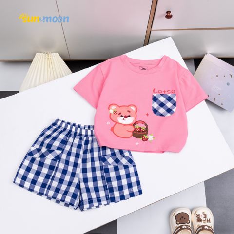  Bộ bé gái áo thun giỏ gấu dâu + Quần caro 