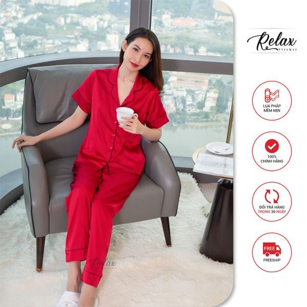 Đồ mặc nhà pyjama tay ngắn quần dài HW1001 màu đỏ