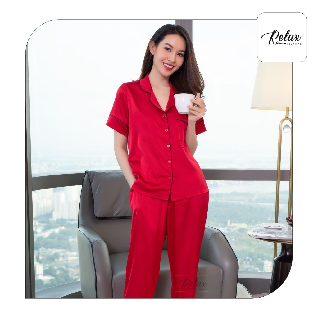 Đồ mặc nhà pyjama tay ngắn quần dài HW1001 màu đỏ