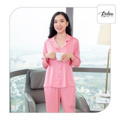 Đồ mặc nhà pyjama tay dài quần dài HW1002 màu hồng đậm