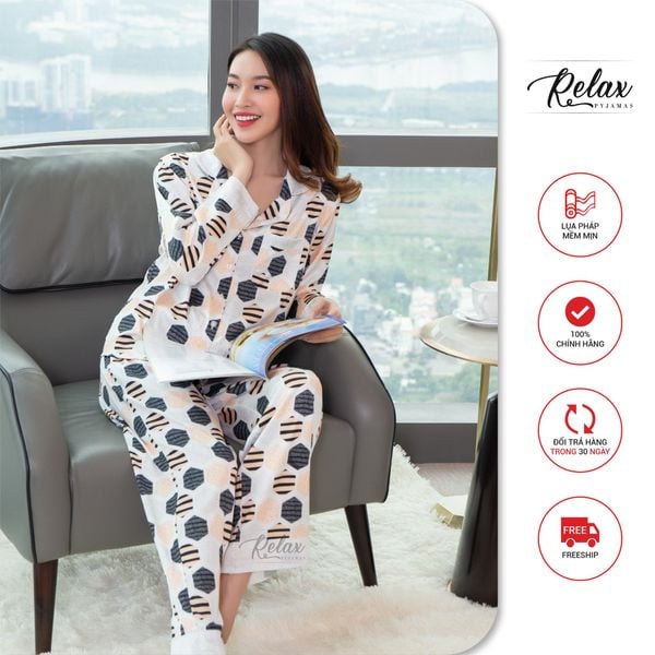 Đồ mặc nhà pyjama tay dài quần dài freesize HW1008-HT trắng