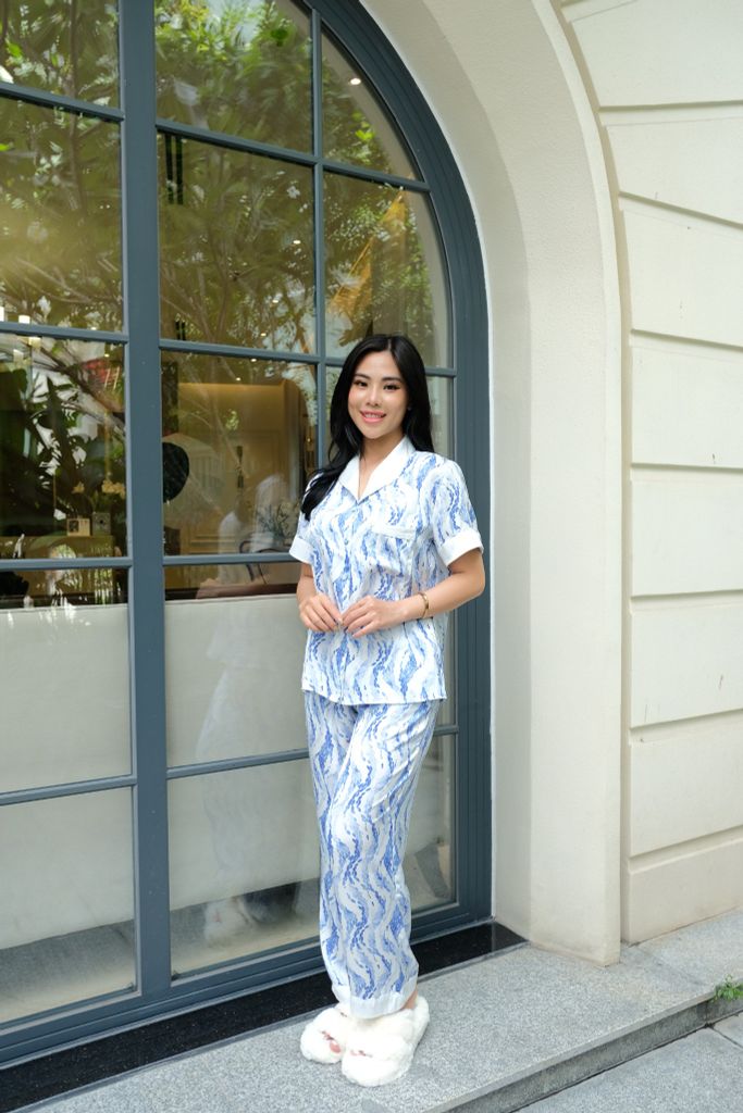 Đồ mặc nhà pyjama tay ngắn quần dài  màu xanh  mã HW1012