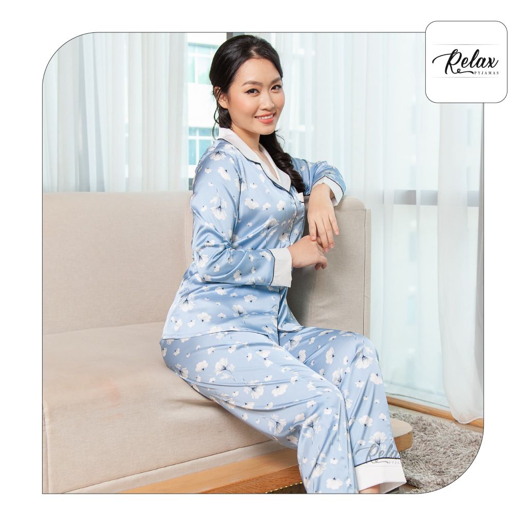 Đồ mặc nhà pyjama tay dài quần dài họa tiết HW1004-HT xám xanh