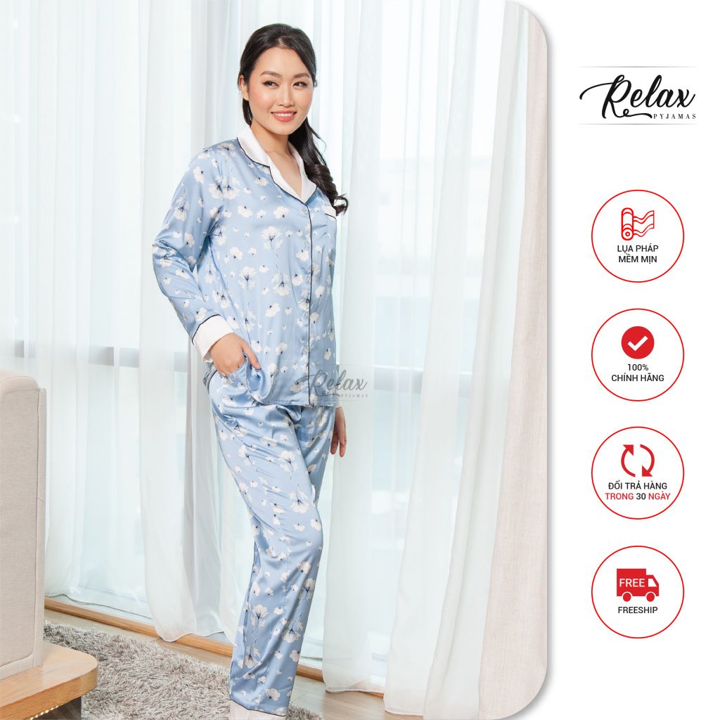 Đồ mặc nhà pyjama tay dài quần dài họa tiết HW1004-HT xám xanh