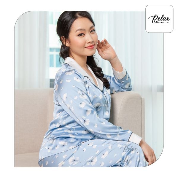 Đồ mặc nhà pyjama tay dài quần dài họa tiết HW1004-HT xám xanh
