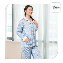 Đồ mặc nhà pyjama tay dài quần dài họa tiết HW1004-HT xám xanh