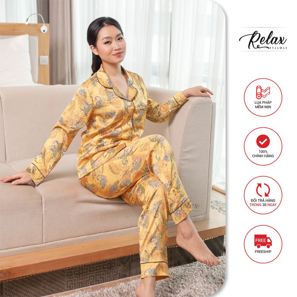 Đồ mặc nhà pyjama tay dài quần dài họa tiết HW1004-HT Vàng đồng