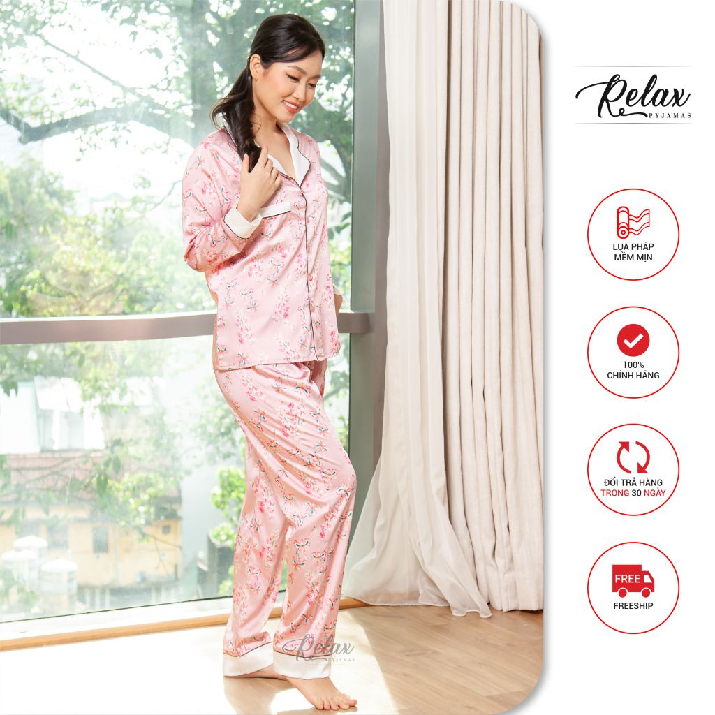 Đồ mặc nhà pyjama tay dài quần dài họa tiết HW1004-HT hồng nhạt