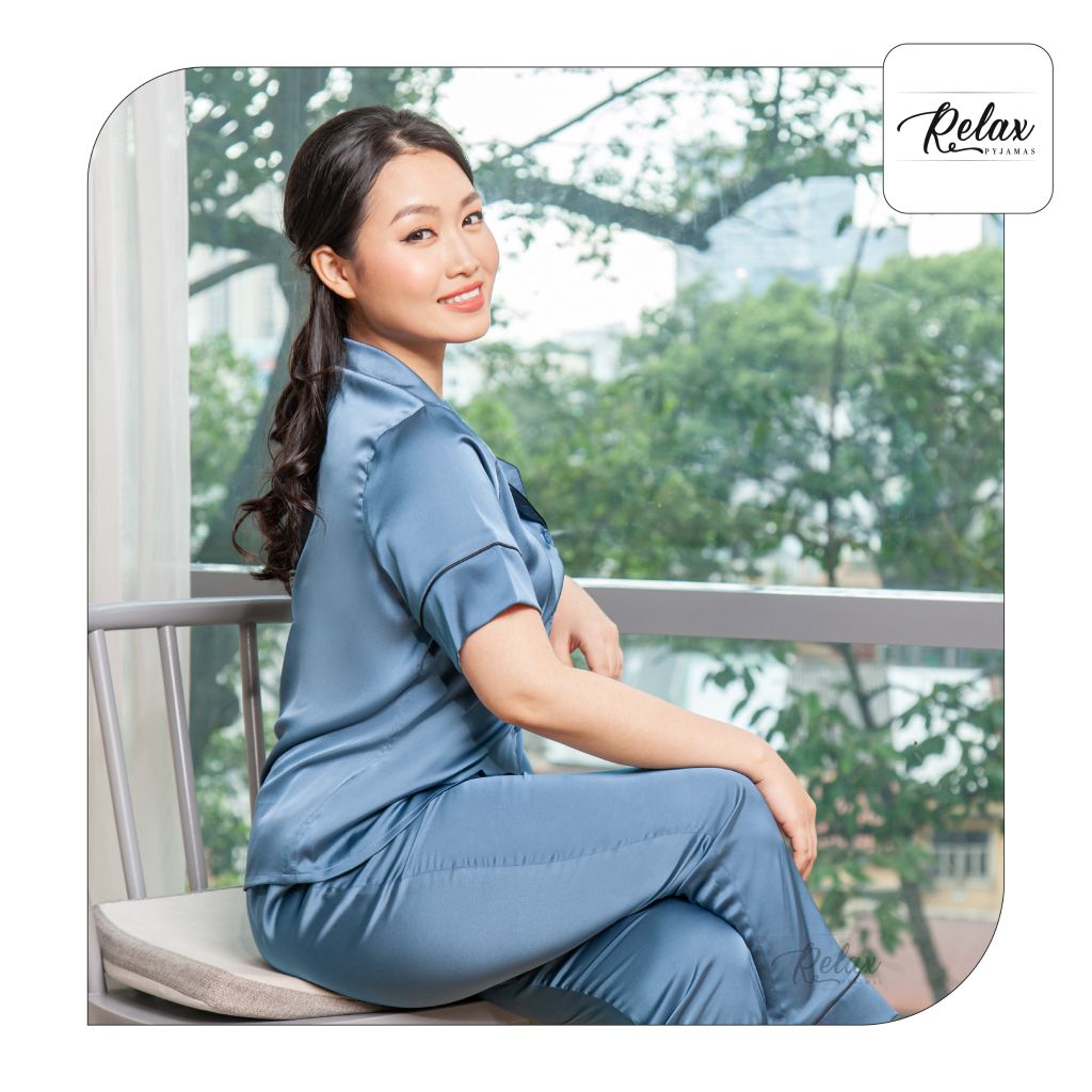 Đồ mặc nhà pyjama tay ngắn quần dài HW1001-xám xanh