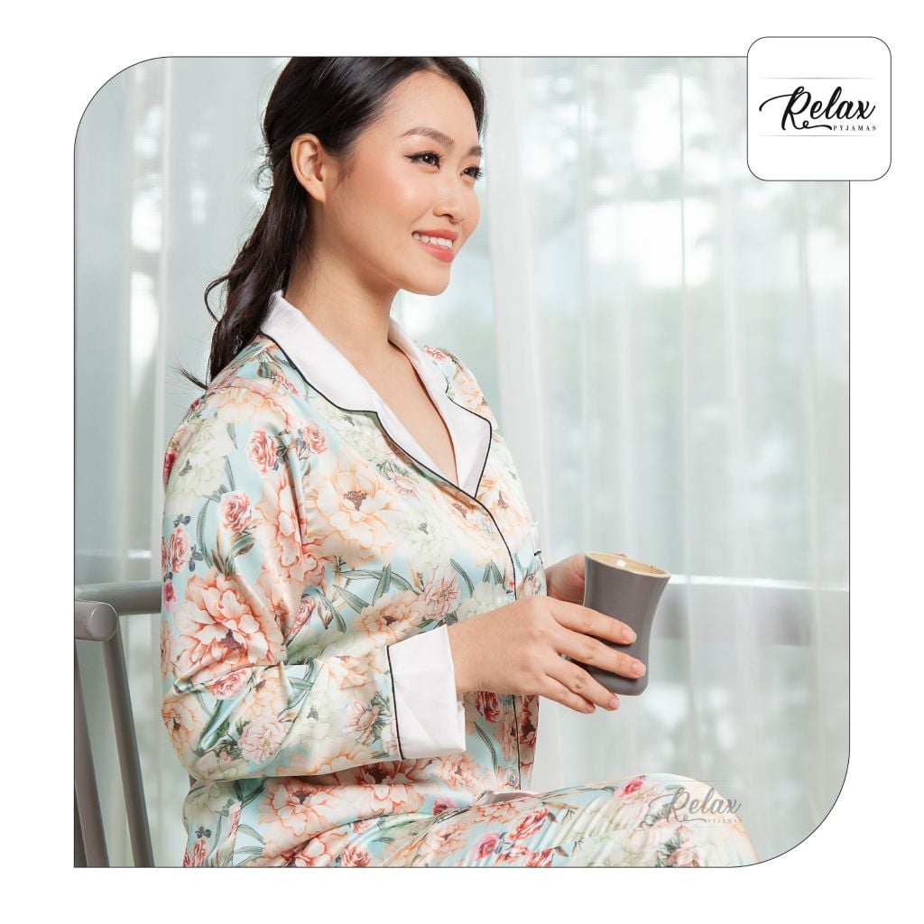 Đồ mặc nhà pyjama tay dài quần dài họa tiết HW1004-HT Xanh ngọc