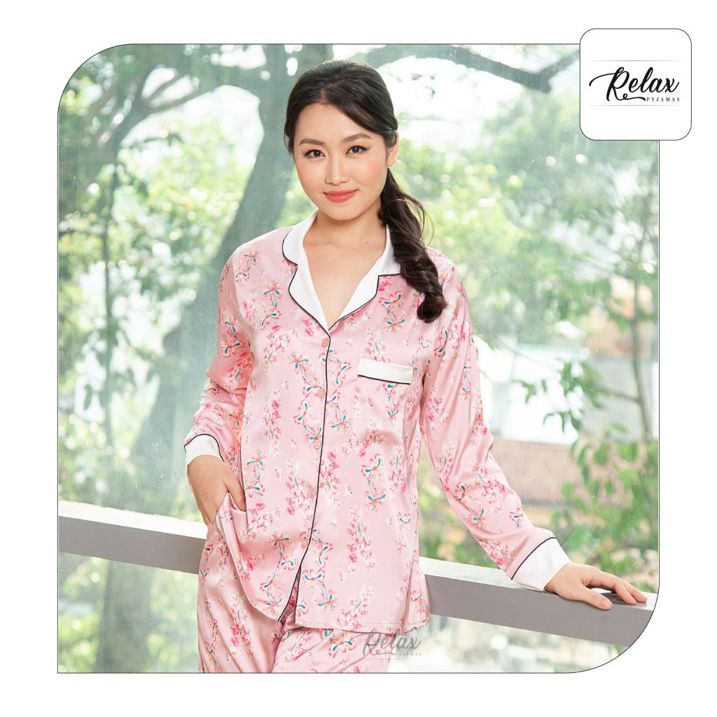 Đồ mặc nhà pyjama tay dài quần dài họa tiết HW1004-HT hồng nhạt