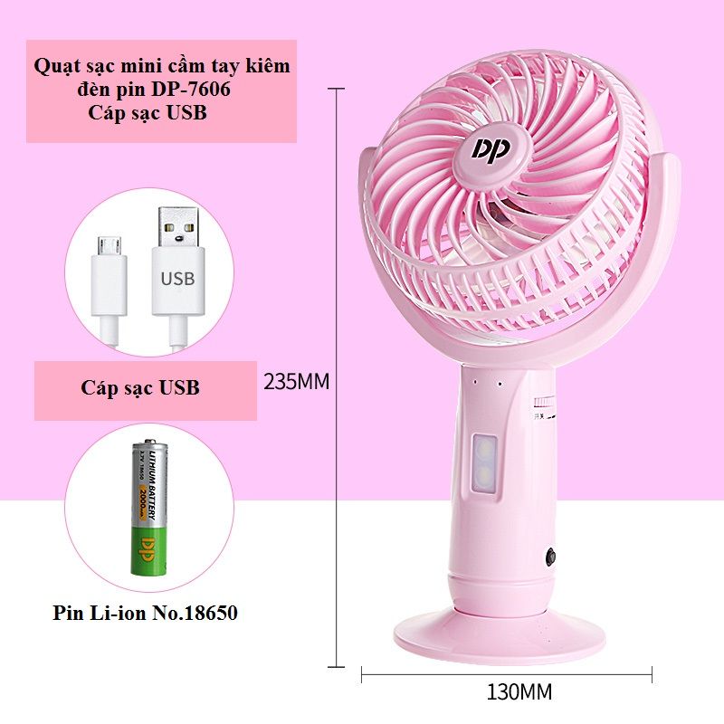 Quạt sạc mini để bàn + đèn pin DP-7606