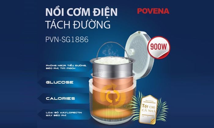 Nồi cơm tách đường Povena - Loại bỏ 30% lượng đường (Hàng thanh lý 90%)