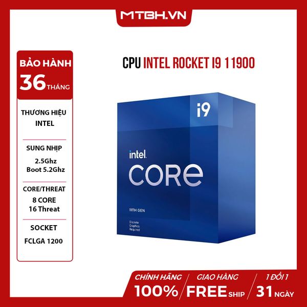CPU INTEL ROCKET I9 11900 (8 Nhân 16 Luồng | Turbo 5.2GHz | 16M Cache | 65W) 11TH NEW BOX CTY