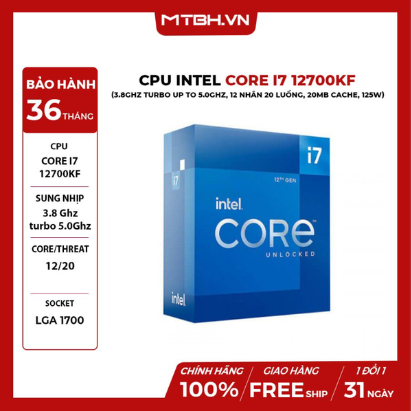 CPU Intel Core i7 12700KF BH 36 THÁNG TRAY 12TH