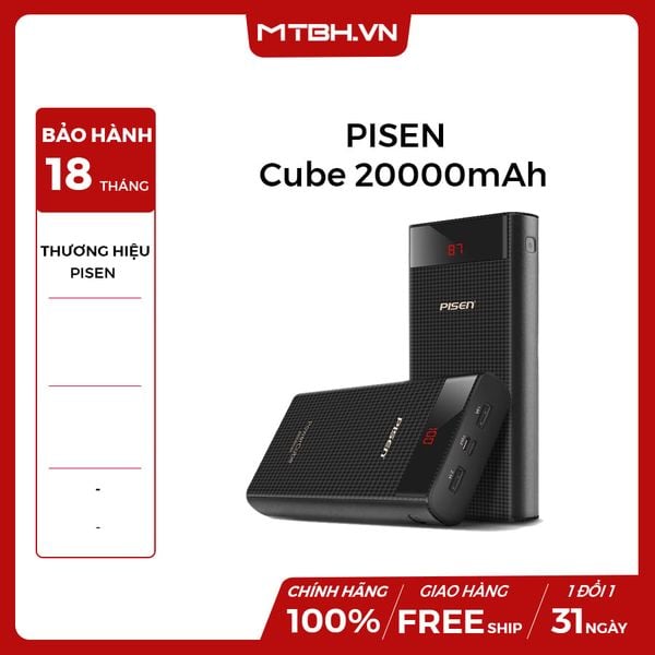 Sạc dự phòng Pisen Power Cube 20000mAh ( Type-C, 2x USB Smart ) Black