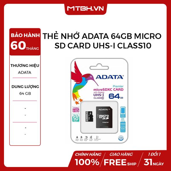 THẺ NHỚ ADATA 64GB MICRO SD CARD UHS-I CLASS10