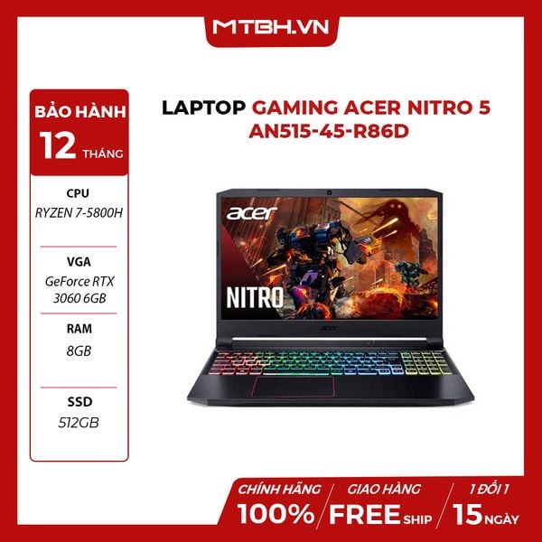 LAPTOP GAMING ACER NITRO 5 AN515-45-R86D RYZEN 7-5800H | 8GB RAM | 512GB SSD | GeForce RTX 3060 6GB | 15.6' FHD 144Hz | Win 11