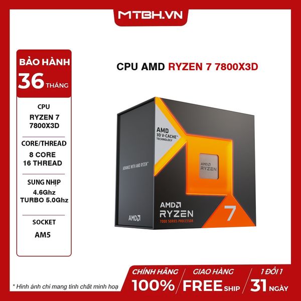 CPU AMD RYZEN 7 7800X3D (4.2 GHz Upto 5.0GHz /104MB / 8 Cores, 16 Threads / 120W / Socket AM5)