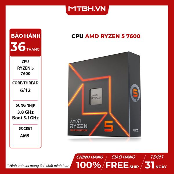 CPU AMD Ryzen 5 7600 (3.8 GHz Upto 5.1GHz / 38MB / 6 Cores, 12 Threads / 65W / Socket AM5) BOX CHÍNH HÃNG