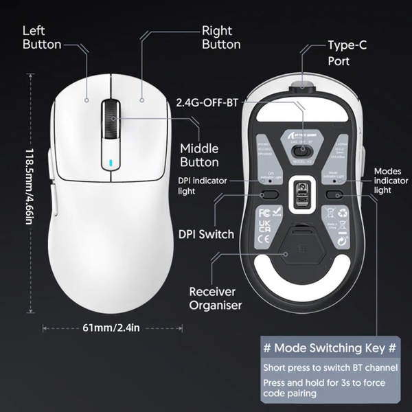 CHUỘT GAMING KHÔNG DÂY ATTACK SHARK X3 - TRẮNG / Pixart 3395 / BLUETOOTH / WIRELESS 2.4G / Type-C | SIÊU NHẸ 50g