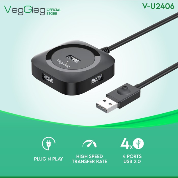 BỘ CHIA HUB USB 2.0 4 CỔNG CÓ HỖ TRỢ NGUỒN NGOÀI VEGGIEG V-U2406