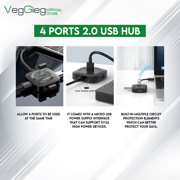 BỘ CHIA HUB USB 2.0 4 CỔNG CÓ HỖ TRỢ NGUỒN NGOÀI VEGGIEG V-U2406