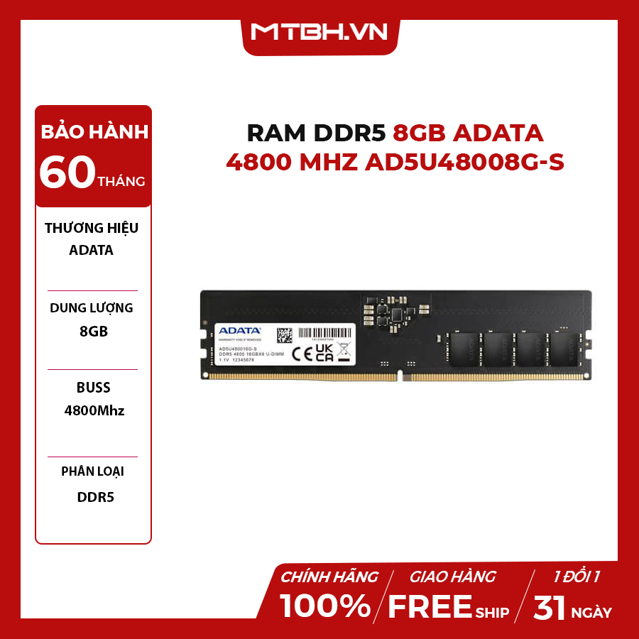 RAM DDR5 8GB ADATA 4800 Mhz AD5U48008G-S – Máy Tính Biên Hòa