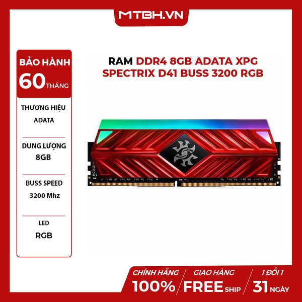 RAM DDR4 8GB ADATA XPG SPECTRIX D41 BUSS 3200 TẢN NHIỆT RED RGB