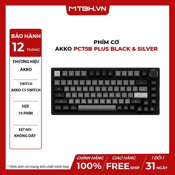 Bàn Phím Cơ AKKO PC75B Plus Black & Silver (Bluetooth 5.0 / Wireless 2.4Ghz / Hotswap / Foam tiêu âm / AKKO CS Jelly switch)