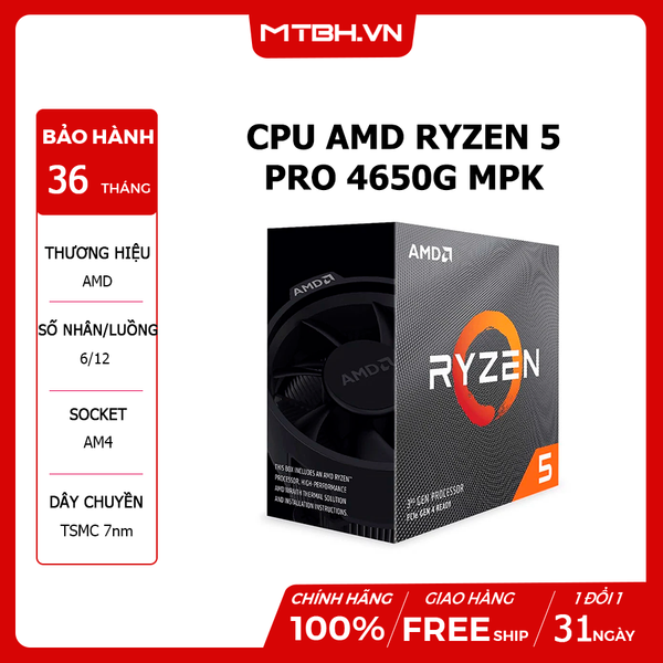 CPU AMD RYZEN 5 PRO 4650G MPK (3.7 GHz turbo upto 4.2GHz / 11MB / 6 Cores, 12 Threads / 65W / Socket AM4)